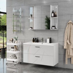 Badmöbel-Set 3 Teile Weiß Hochglanz 100x57cm 100x57x45cm Spanplatte Weiß Vicco Möbel Badezimmermöbel