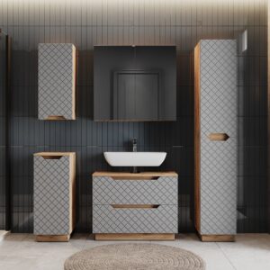 wohnli-moebel-suche-M26076119-1 Badmöbel-Set 5 Teile Eiche/Grau mit Kachelstruktur 79.6x62.1cm 80x63x32cm Spanplatte Grau Vicco Möbel Badezimmermöbel