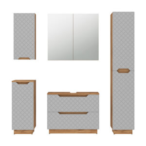 Wohnli Möbelsuche - Badmöbel-Set 5 Teile Eiche/Grau mit Kachelstruktur 79.6x62.1cm