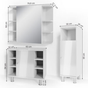 wohnli-moebel-suche-M26076125-1 Badmöbel-Set 3-teilig Weiß Hochglanz 60x54cm 60x54x32cm Spanplatte Weiß Vicco Möbel Badezimmermöbel