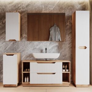 wohnli-moebel-suche-M26076132-1 Badmöbel-Set 5-teilig Weiß 120x62.5cm 120x63x32cm Spanplatte Weiß Vicco Möbel Badezimmermöbel