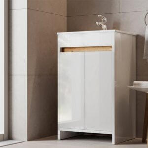 wohnli-moebel-suche-M26076150-1 Badmöbel-Set 2 Teile mit Waschbecken und 2 Flügeltüren Weiß 49x81cm 49x81x40cm Spanplatte Weiß Vicco Möbel Badezimmermöbel