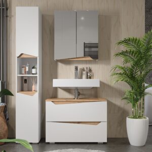 wohnli-moebel-suche-M26076157-1 Badmöbel-Set 3 Teile mit Hochschrank Weiß/Artisan 80x57.5cm 80x58x35cm Spanplatte Weiß Vicco Möbel Badezimmermöbel