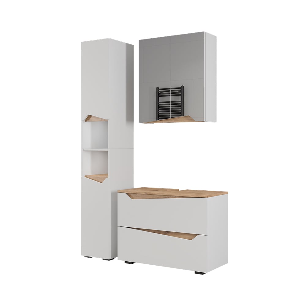 Wohnli Möbelsuche - Badmöbel-Set 3 Teile mit Hochschrank Weiß/Artisan 80x57.5cm