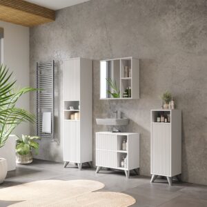 wohnli-moebel-suche-M26076158-1 Badmöbel-Set 4-teiliges Set Weiß 60x62cm 60x62x30cm Spanplatte Weiß Vicco Möbel Badezimmermöbel