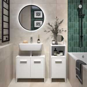 Badezimmermöbel-Set 2 Teile Weiß 63.8x57cm 64x57x27cm Spanplatte Weiß Vicco Möbel Badezimmermöbel