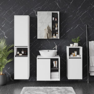 wohnli-moebel-suche-M26076165-1 Badmöbel-Set 4 Teile Weiß/Grau 60x60cm 60x60x46cm Spanplatte Weiß Vicco Möbel Badezimmermöbel
