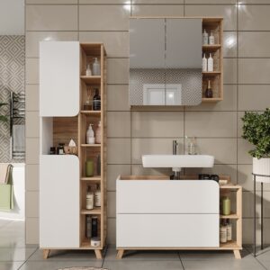 wohnli-moebel-suche-M26076166-1 Badmöbel-Set 3 Teile Sonoma/Weiß 100x65cm 100x65x35cm Spanplatte Braun Vicco Möbel Badezimmermöbel
