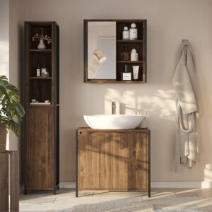 Badmöbel-Set 3 Teile Eiche/Schwarz 70x65cm 70x65x40cm Spanplatte Braun Vicco Möbel Badezimmermöbel
