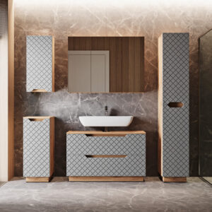 wohnli-moebel-suche-M26076182-1 Badmöbel-Set 5 Teile Eiche/Grau mit Kachelstruktur 99.4x62.5cm 100x63x32cm Spanplatte Grau Vicco Möbel Badezimmermöbel