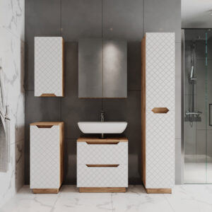 wohnli-moebel-suche-M26076185-1 Badmöbel-Set 5 Teile Eiche/Weiß mit Kachelstruktur 59.8x62.5cm 60x63x32cm Spanplatte Weiß Vicco Möbel Badezimmermöbel