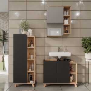 wohnli-moebel-suche-M26076186-1 Badmöbel-Set 3 Teile Sonoma/Anthrazit 80x65cm 80x65x35cm Spanplatte Braun Vicco Möbel Badezimmermöbel
