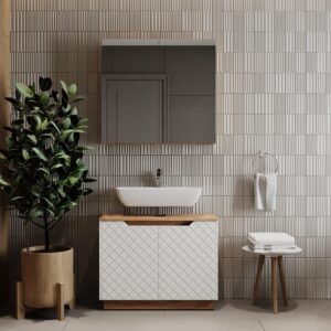 Badmöbel-Set 2 Teile Eiche/Weiß mit Kachelstruktur 79.6x62.1cm 80x63x32cm Spanplatte Weiß Vicco Möbel Badezimmermöbel