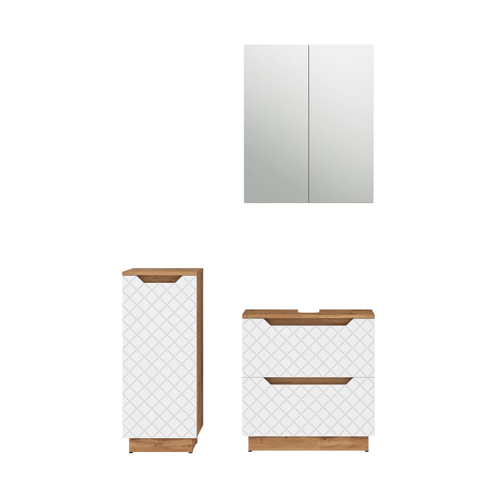 Wohnli Möbelsuche - Badmöbel-Set 3 Teile Eiche/Weiß mit Kachelstruktur 59.8x63cm