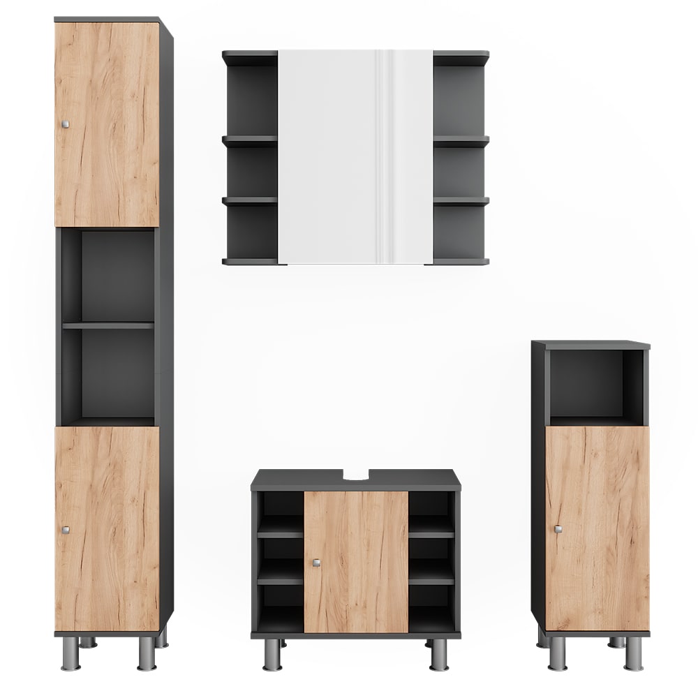 Wohnli Möbelsuche - Badmöbel-Set 4 Teile Anthrazit/Goldkraft Eiche 60x54cm