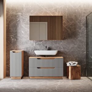 Badmöbel-Set 3 Teile Eiche/grau gestreift 99.4x62.5cm 100x63x32cm Spanplatte Grau Vicco Möbel Badezimmermöbel