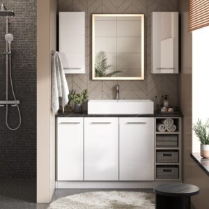 wohnli-moebel-suche-M26076248-1 Badschrank mit Schublade ohne Arbeitsplatte Weiß Hochglanz 60x82cm 60x82x52cm Spanplatte Weiß Vicco Möbel Badezimmermöbel