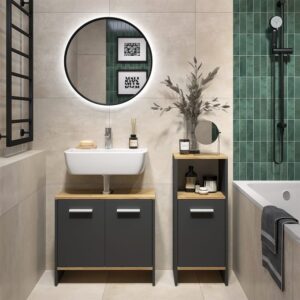 Badezimmermöbel-Set 2 Teile Anthrazit/Goldkraft Eiche 97.6x82.6cm 64x57x27cm Spanplatte Schwarz Vicco Möbel Badezimmermöbel