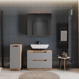 Badmöbel-Set 3 Teile Eiche/Grau mit Kachelstruktur 79.6x63cm 80x63x32cm Spanplatte Grau Vicco Möbel Badezimmermöbel