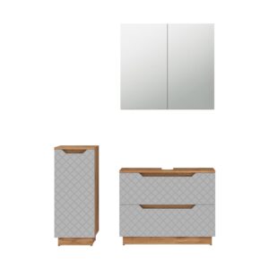 Wohnli Möbelsuche - Badmöbel-Set 3 Teile Eiche/Grau mit Kachelstruktur 79.6x63cm