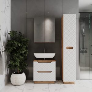Badmöbel-Set 3 Teile Eiche/Weiß mit Kachelstruktur 59.8x63cm 60x63x32cm Spanplatte Weiß Vicco Möbel Badezimmermöbel