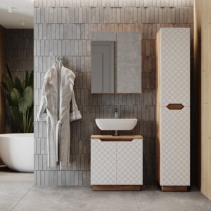 Badmöbel-Set 3 Teile Eiche/Weiß mit Kachelstruktur 59.8x62cm 60x63x32cm Spanplatte Weiß Vicco Möbel Badezimmermöbel