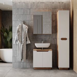 Badmöbel-Set 3 Teile Eiche/weiß gestreift 59.8x62.1cm 60x63x32cm Spanplatte Weiß Vicco Möbel Badezimmermöbel