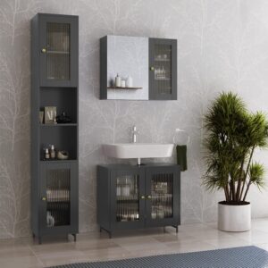 Badmöbel-Set 3 Teile mit Hochschrank Grau 60x58cm 60x58x30cm Spanplatte Grau Vicco Möbel Badezimmermöbel