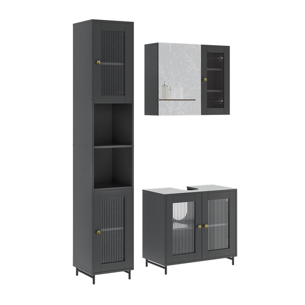 Wohnli Möbelsuche - Badmöbel-Set 3 Teile mit Hochschrank Grau 60x58cm