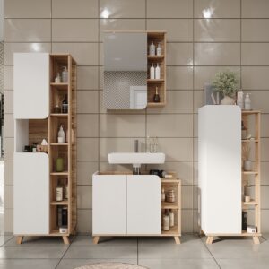 wohnli-moebel-suche-M26076269-1 Badmöbel-Set 4 Teile Sonoma/Weiß 80x65cm 80x65x35cm Spanplatte Braun Vicco Möbel Badezimmermöbel