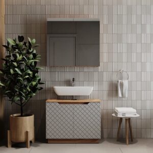wohnli-moebel-suche-M26076276-1 Badmöbel-Set 2 Teile Eiche/Grau mit Kachelstruktur 79.6x62.1cm 80x63x32cm Spanplatte Grau Vicco Möbel Badezimmermöbel