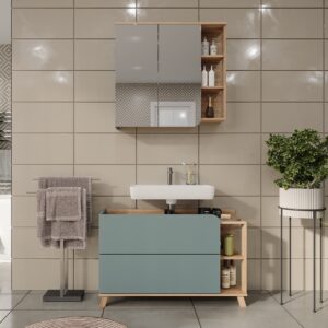 Badmöbel-Set 2 Teile Sonoma/Blau 100x65cm 100x65x35cm Spanplatte Braun Vicco Möbel Badezimmermöbel