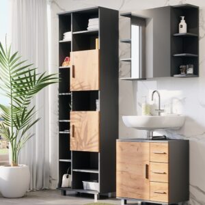 wohnli-moebel-suche-M26076280-1 Hochschrank Anthrazit/Goldkraft Eiche 60.2x190cm 61x190x30cm Spanplatte Schwarz Vicco Möbel Badezimmermöbel Bad-Hochschränke