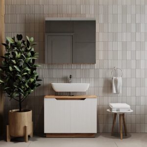 wohnli-moebel-suche-M26076282-1 Badmöbel-Set 2 Teile Eiche/weiß gestreift 79.6x62.1cm 80x63x32cm Spanplatte Weiß Vicco Möbel Badezimmermöbel