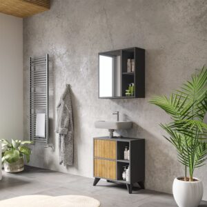 wohnli-moebel-suche-M26076283-1 Badmöbel-Set 2 Teile Anthrazit/Bergeiche 60x62cm 60x62x30cm Spanplatte Schwarz Vicco Möbel Badezimmermöbel
