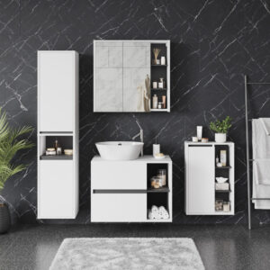 wohnli-moebel-suche-M26076294-1 Badmöbel-Set 4 Teile Weiß/Grau 80x60cm 80x60x46cm Spanplatte Weiß Vicco Möbel Badezimmermöbel