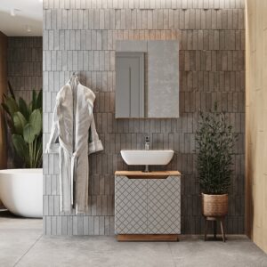 wohnli-moebel-suche-M26076311-1 Badmöbel-Set 2 Teile Eiche/Grau mit Kachelstruktur 59.8x62.1cm 60x63x32cm Spanplatte Grau Vicco Möbel Badezimmermöbel