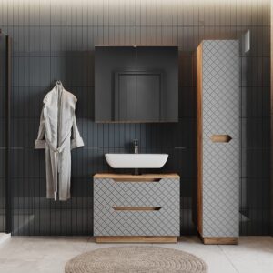 Badmöbel-Set 3 Teile Eiche/Grau mit Kachelstruktur 79.6x63cm 80x63x32cm Spanplatte Grau Vicco Möbel Badezimmermöbel