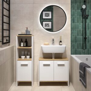 Badezimmermöbel-Set 2 Teile Weiß/Goldkraft Eiche 63.8x57cm 64x57x27cm Spanplatte Weiß Vicco Möbel Badezimmermöbel