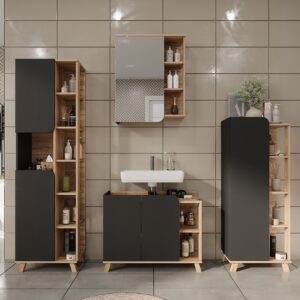 Badmöbel-Set 4 Teile Sonoma/Anthrazit 80x65cm 80x65x35cm Spanplatte Braun Vicco Möbel Badezimmermöbel