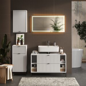 wohnli-moebel-suche-M26076328-1 Badmöbel-Set 4 Teile Weiß 100x63cm 100x63x46cm Spanplatte Weiß Vicco Möbel Badezimmermöbel