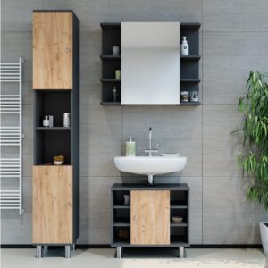 Badmöbel-Set 3 Teile mit Hochschrank Anthrazit 60x54cm 60x54x32cm Spanplatte Schwarz Vicco Möbel Badezimmermöbel