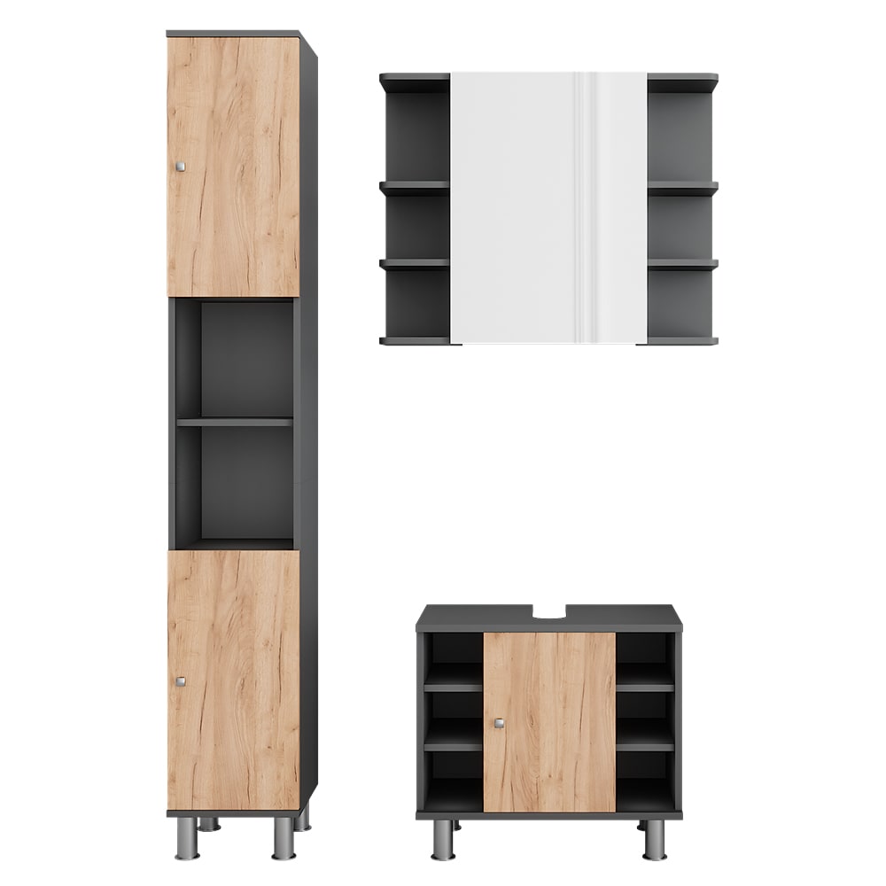 Wohnli Möbelsuche - Badmöbel-Set 3 Teile mit Hochschrank Anthrazit 60x54cm