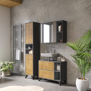 wohnli-moebel-suche-M26076342-1 Badmöbel-Set 80 cm Set 3 Anthrazit/Bergeiche 80x62cm 80x62x30cm Spanplatte Schwarz Vicco Möbel Badezimmermöbel