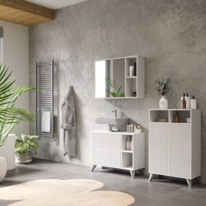 wohnli-moebel-suche-M26076353-1 Midischrank mit 2 Türen Weiß 60x97cm 60x97x30cm Spanplatte Weiß Vicco Möbel Badezimmermöbel