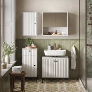 wohnli-moebel-suche-M26076359-1 Badmöbel-Set 4 Teile Weiß Riffel 70x65cm 70x65x45cm Spanplatte Weiß Vicco Möbel Badezimmermöbel