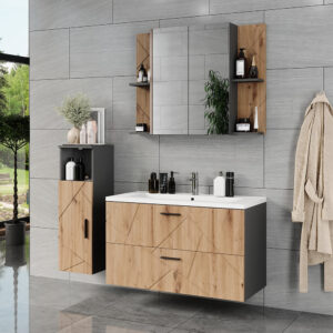 Badmöbel-Set 4 Teile Anthrazit/Goldkraft Eiche 100x57cm 100x57x45cm Spanplatte Schwarz Vicco Möbel Badezimmermöbel