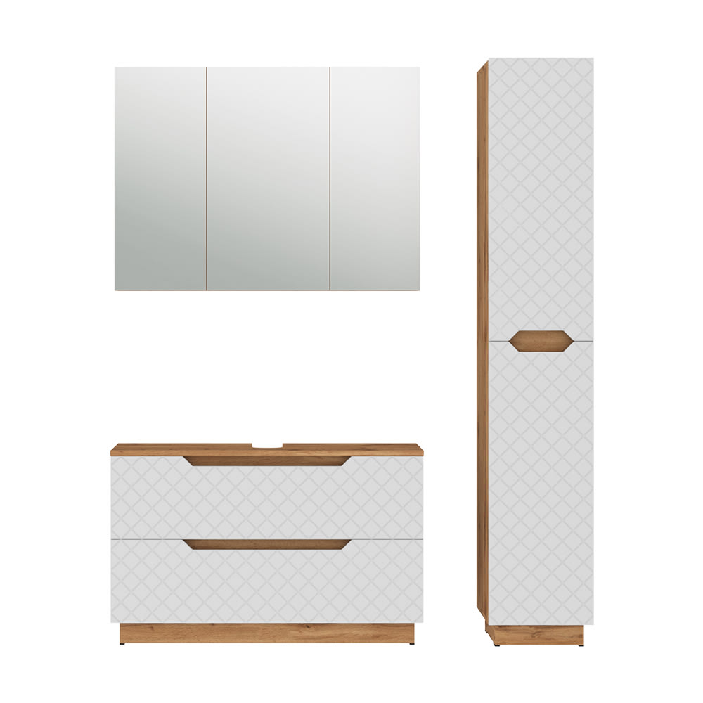 wohnli-moebel-suche-M26076371 Wohnli Möbelsuche - Badmöbel-Set 3 Teile Eiche/Weiß mit Kachelstruktur 99x63cm
