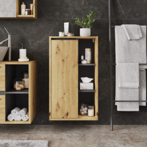 wohnli-moebel-suche-M26076385-1 Midischrank mit offenen Regalen Artisan/Grau 50x86cm 50x86x33cm Spanplatte Braun Vicco Möbel Badezimmermöbel