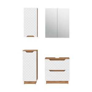 Wohnli Möbelsuche - Badmöbel-Set 4 Teile Eiche/Weiß mit Kachelstruktur 59.8x62.5cm